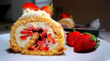 Бисквитный рулет.  Вкуснейшая сливочно-творожная начинка с клубникой. Рулет бисквитный рецепт.